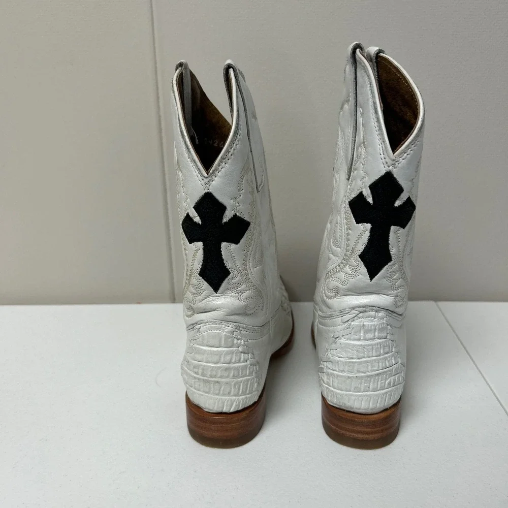 Aguila Real Cowboy Boots Kids MEX 19 US 12C White Leather Black Cross Alligator